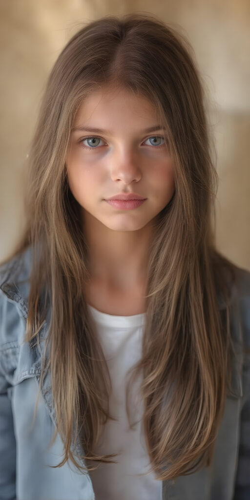 A stunning image featuring a beautiful young girl with long, rich brown hair and luscious dark eyes. Her skin has a warm, natural glow, with perfectly defined facial features and a subtle, sun-kissed complexion. She wears a blue open jacket, the jacket is open, underneath she wears a t-shirt that skillfully accentuates her toned physique. The model poses confidently that exudes elegance and poise. Set against a soft, natural background adorned with hints of subtle textures, the scene is bathed in warm, golden hues, highlighting the intricate details and bold color palette of the artwork.