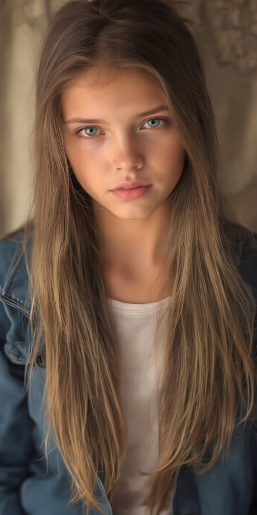 A stunning image featuring a beautiful young girl with long, rich brown hair and luscious dark eyes. Her skin has a warm, natural glow, with perfectly defined facial features and a subtle, sun-kissed complexion. She wears a blue open jacket, the jacket is open, underneath she wears a t-shirt that skillfully accentuates her toned physique. The model poses confidently that exudes elegance and poise. Set against a soft, natural background adorned with hints of subtle textures, the scene is bathed in warm, golden hues, highlighting the intricate details and bold color palette of the artwork.