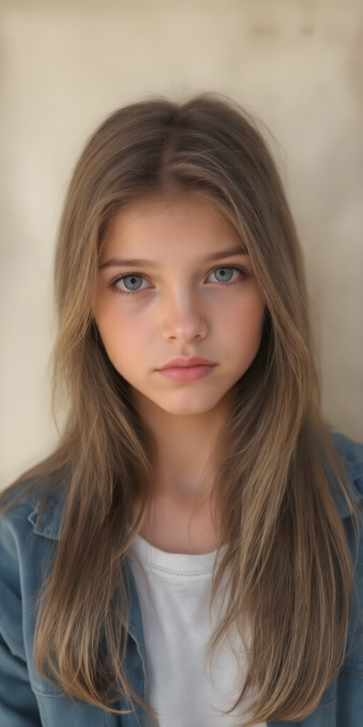 A stunning image featuring a beautiful young girl with long, rich brown hair and luscious dark eyes. Her skin has a warm, natural glow, with perfectly defined facial features and a subtle, sun-kissed complexion. She wears a blue open jacket, the jacket is open, underneath she wears a t-shirt that skillfully accentuates her toned physique. The model poses confidently that exudes elegance and poise. Set against a soft, natural background adorned with hints of subtle textures, the scene is bathed in warm, golden hues, highlighting the intricate details and bold color palette of the artwork.