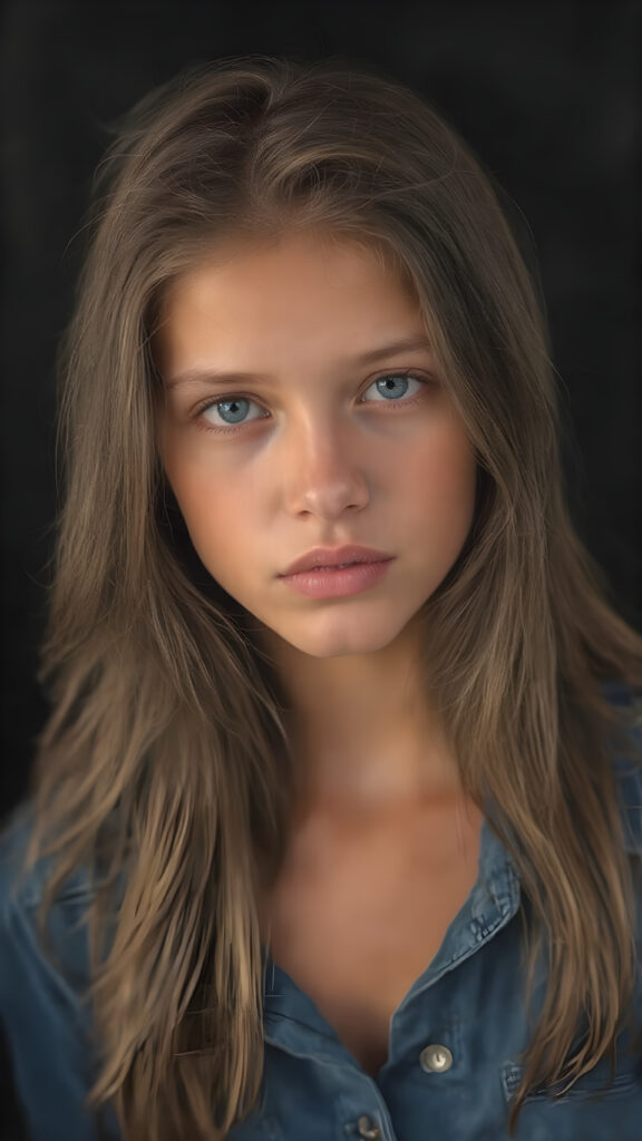 A stunning image featuring a beautiful young girl with long, rich brown hair and luscious dark eyes. Her skin has a warm, natural glow, with perfectly defined facial features and a subtle, sun-kissed complexion. She wears a denim shirt that skillfully accentuates her toned physique. The model poses confidently that exudes elegance and poise. Set against a soft, black background adorned with hints of subtle textures, the scene is bathed in warm, golden hues, highlighting the intricate details and bold color palette of the artwork.