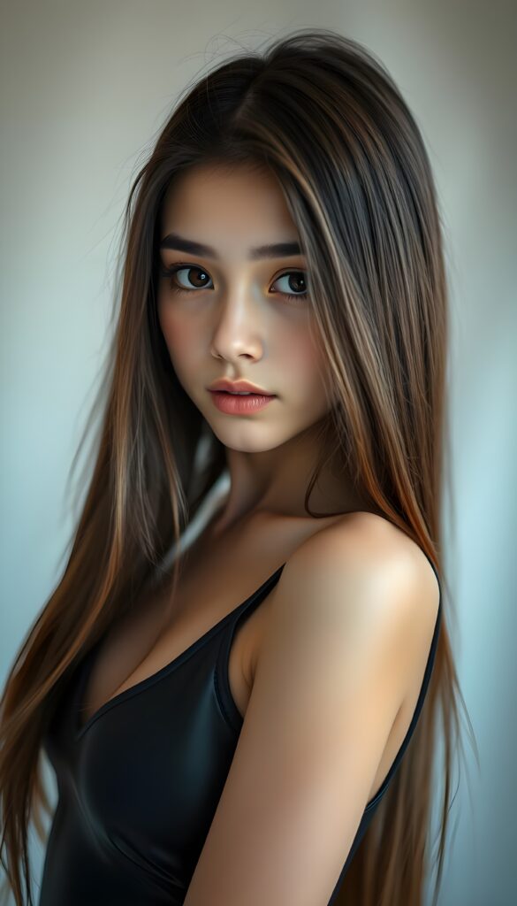 A stunning, intricate portrait of a young girl with long, straight brown hair and gorgeous, angelic features. Her hair is styled with a side part and falls gracefully and cover her chest. She has large, expressive brown eyes that gaze directly at the viewer with a hint of curiosity. Her face is perfectly round, with delicate cheekbones and a small, thoughtful smile. She wears a super-short, tight black tank top made of smooth latex, accentuating her graceful figure. The lighting is soft and cinematic, casting gentle shadows that highlight her features. The background is a pristine white, with a subtle, warm glow from above, creating a serene and ethereal atmosphere. The image is captured from a slightly elevated angle, emphasizing her elegance and the details of her attire, her hair covers her ears. Her hair has the same length left and right.