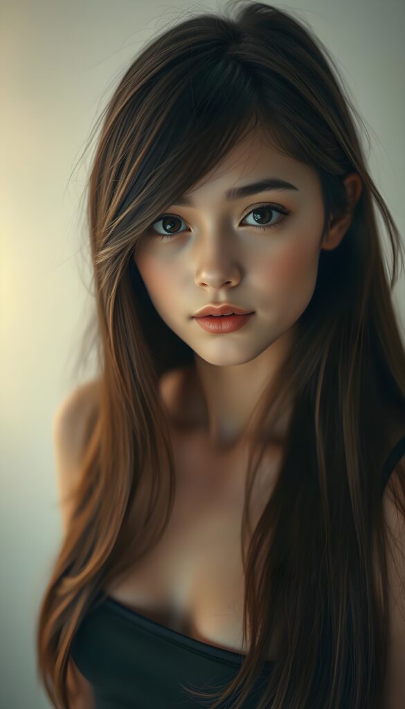 A stunning, intricate portrait of a young girl with long, straight brown hair and gorgeous, angelic features. Her hair is styled with a side part and falls gracefully and cover her chest. She has large, expressive brown eyes that gaze directly at the viewer with a hint of curiosity. Her face is perfectly round, with delicate cheekbones and a small, thoughtful smile. She wears a super-short, tight black tank top made of smooth latex, accentuating her graceful figure. The lighting is soft and cinematic, casting gentle shadows that highlight her features. The background is a pristine white, with a subtle, warm glow from above, creating a serene and ethereal atmosphere. The image is captured from a slightly elevated angle, emphasizing her elegance and the details of her attire, her hair covers her ears. Her hair has the same length left and right.