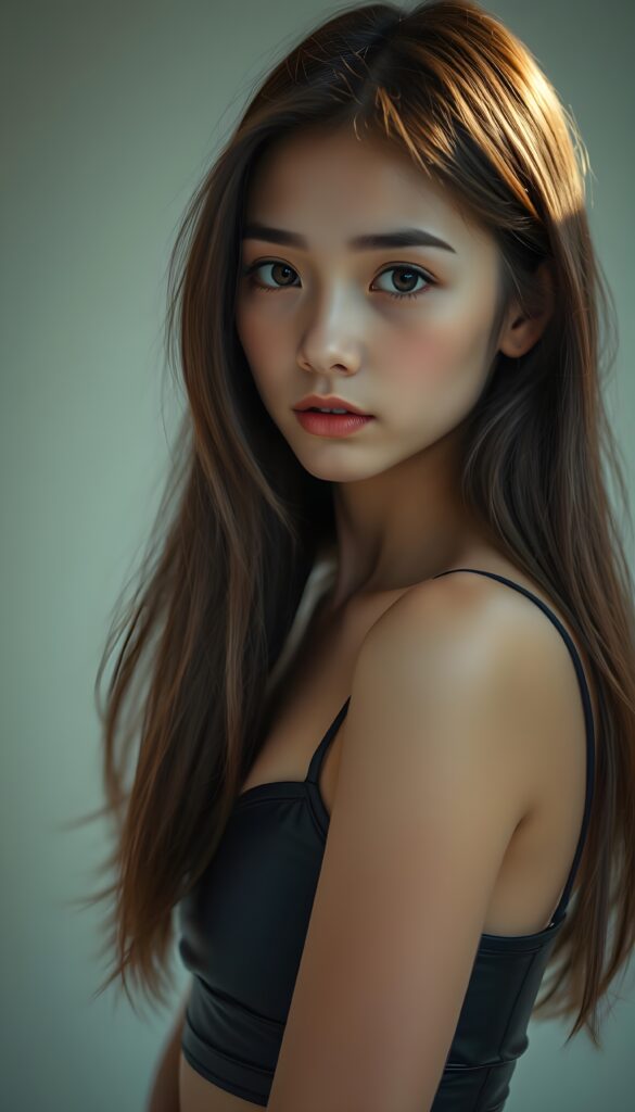 A stunning, intricate portrait of a young girl with long, straight brown hair and gorgeous, angelic features. Her hair is styled with a side part and falls gracefully and cover her chest. She has large, expressive brown eyes that gaze directly at the viewer with a hint of curiosity. Her face is perfectly round, with delicate cheekbones and a small, thoughtful smile. She wears a super-short, tight black tank top made of smooth latex, accentuating her graceful figure. The lighting is soft and cinematic, casting gentle shadows that highlight her features. The background is a pristine white, with a subtle, warm glow from above, creating a serene and ethereal atmosphere. The image is captured from a slightly elevated angle, emphasizing her elegance and the details of her attire, her hair covers her ears. Her hair has the same length left and right.