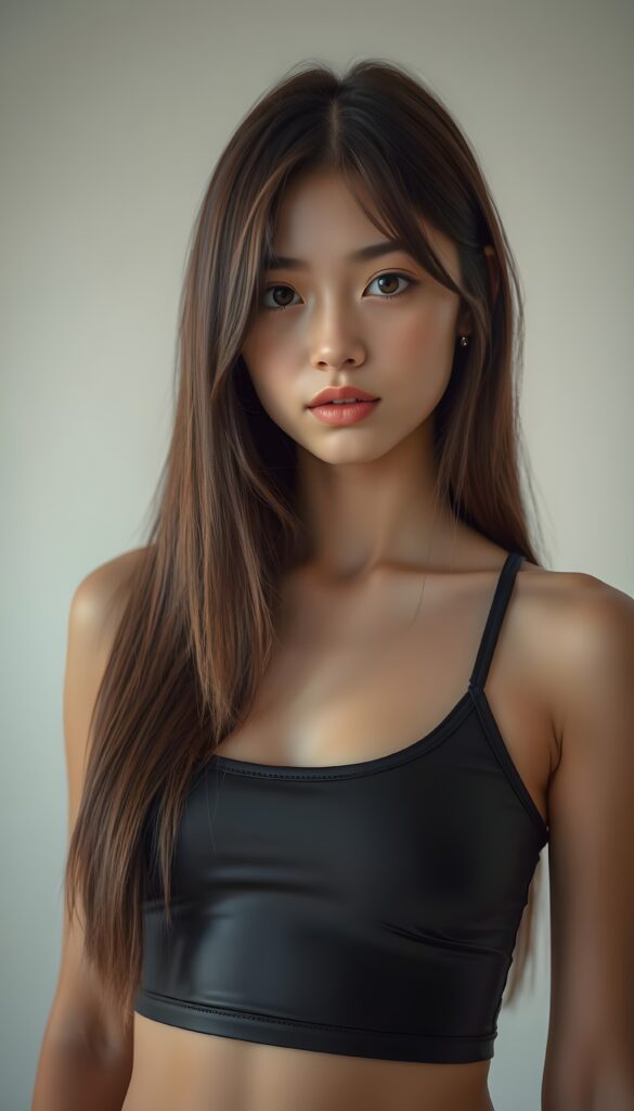 A stunning, intricate portrait of a young girl with long, straight brown hair and gorgeous, angelic features. Her hair is styled with a side part and falls gracefully and cover her chest. She has large, expressive brown eyes that gaze directly at the viewer with a hint of curiosity. Her face is perfectly round, with delicate cheekbones and a small, thoughtful smile. She wears a super-short, tight black tank top made of smooth latex, accentuating her graceful figure. The lighting is soft and cinematic, casting gentle shadows that highlight her features. The background is a pristine white, with a subtle, warm glow from above, creating a serene and ethereal atmosphere. The image is captured from a slightly elevated angle, emphasizing her elegance and the details of her attire, her hair covers her ears. Her hair has the same length left and right.