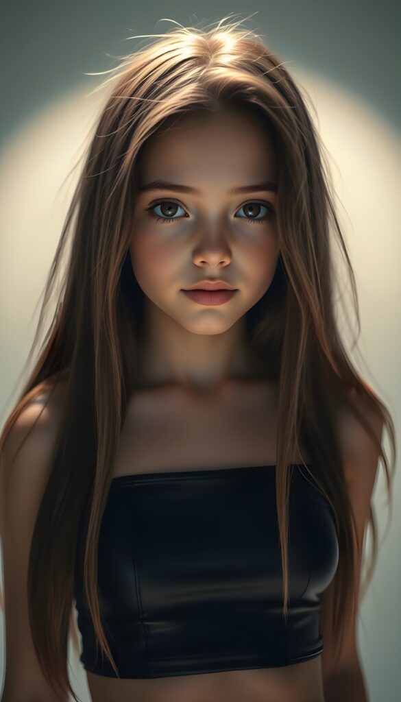 A stunning, intricate portrait of a young girl with long, straight brown hair and gorgeous, angelic features. Her hair is styled with a side part and falls gracefully and cover her chest. She has large, expressive brown eyes that gaze directly at the viewer with a hint of curiosity. Her face is perfectly round, with delicate cheekbones and a small, thoughtful smile. She wears a super-short, tight black tank top made of smooth latex, accentuating her graceful figure. The lighting is soft and cinematic, casting gentle shadows that highlight her features. The background is a pristine white, with a subtle, warm glow from above, creating a serene and ethereal atmosphere. The image is captured from a slightly elevated angle, emphasizing her elegance and the details of her attire, her hair covers her ears. Her hair has the same length left and right.