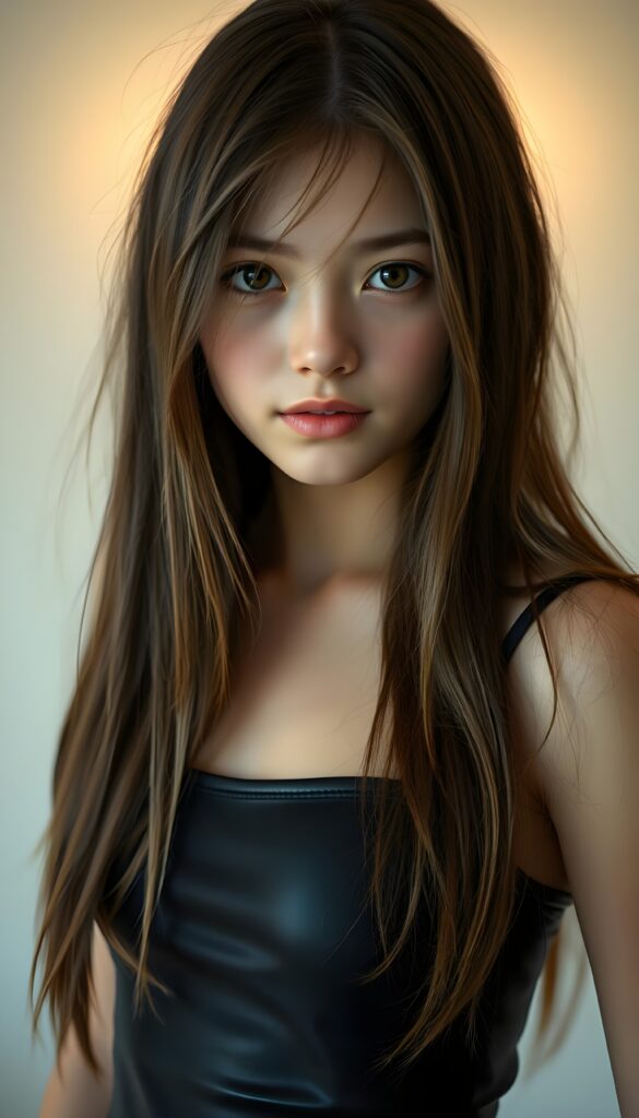 A stunning, intricate portrait of a young girl with long, straight brown hair and gorgeous, angelic features. Her hair is styled with a side part and falls gracefully and cover her chest. She has large, expressive brown eyes that gaze directly at the viewer with a hint of curiosity. Her face is perfectly round, with delicate cheekbones and a small, thoughtful smile. She wears a super-short, tight black tank top made of smooth latex, accentuating her graceful figure. The lighting is soft and cinematic, casting gentle shadows that highlight her features. The background is a pristine white, with a subtle, warm glow from above, creating a serene and ethereal atmosphere. The image is captured from a slightly elevated angle, emphasizing her elegance and the details of her attire, her hair covers her ears. Her hair has the same length left and right.