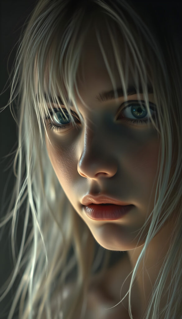 A stunning portrait of a beautiful girl with wet, tousled white hair, rendered in a harmonious blend of watercolor and digital art techniques. Her face is framed by a dark, misty background that accentuates her luminous features. The scene is bathed in soft, diffused lighting that highlights the intricate details of her expression and the texture of her hair. The composition is rich in depth and volume, with subtle fractal patterns subtly enhancing the realism. The color palette is dominated by dusty tones and muted shades, creating a cinematic, dreamlike atmosphere. This close-up captures the delicate beauty and ethereal quality of her visage, with every strand of hair and crease meticulously detailed, evoking a sense of depth and emotion.