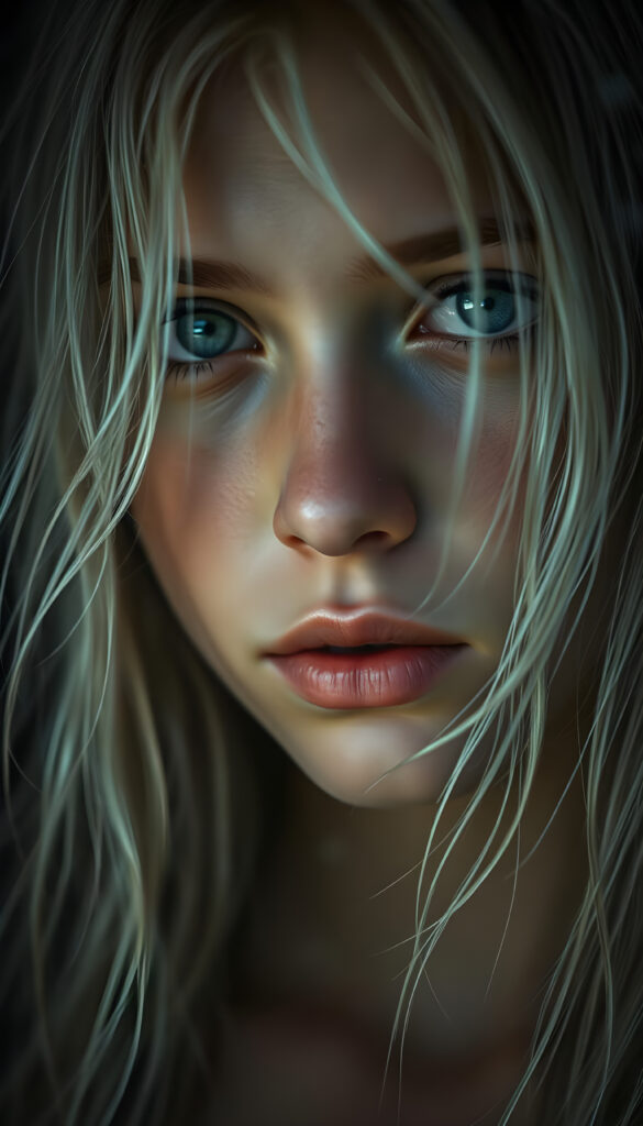 A stunning portrait of a beautiful girl with wet, tousled white hair, rendered in a harmonious blend of watercolor and digital art techniques. Her face is framed by a dark, misty background that accentuates her luminous features. The scene is bathed in soft, diffused lighting that highlights the intricate details of her expression and the texture of her hair. The composition is rich in depth and volume, with subtle fractal patterns subtly enhancing the realism. The color palette is dominated by dusty tones and muted shades, creating a cinematic, dreamlike atmosphere. This close-up captures the delicate beauty and ethereal quality of her visage, with every strand of hair and crease meticulously detailed, evoking a sense of depth and emotion.