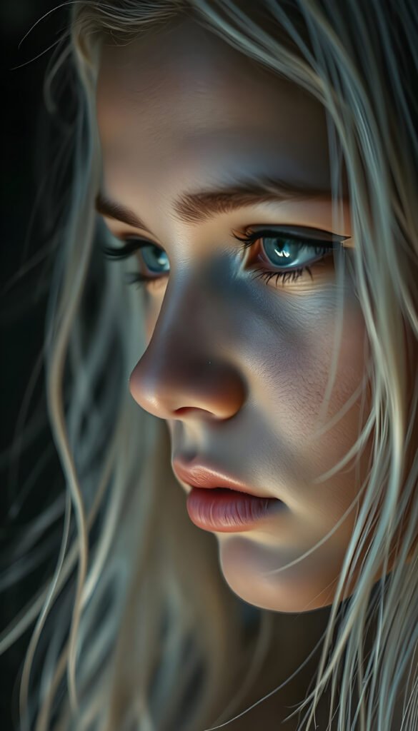 A stunning portrait of a beautiful girl with wet, tousled white hair, rendered in a harmonious blend of watercolor and digital art techniques. Her face is framed by a dark, misty background that accentuates her luminous features. The scene is bathed in soft, diffused lighting that highlights the intricate details of her expression and the texture of her hair. The composition is rich in depth and volume, with subtle fractal patterns subtly enhancing the realism. The color palette is dominated by dusty tones and muted shades, creating a cinematic, dreamlike atmosphere. This close-up captures the delicate beauty and ethereal quality of her visage, with every strand of hair and crease meticulously detailed, evoking a sense of depth and emotion.