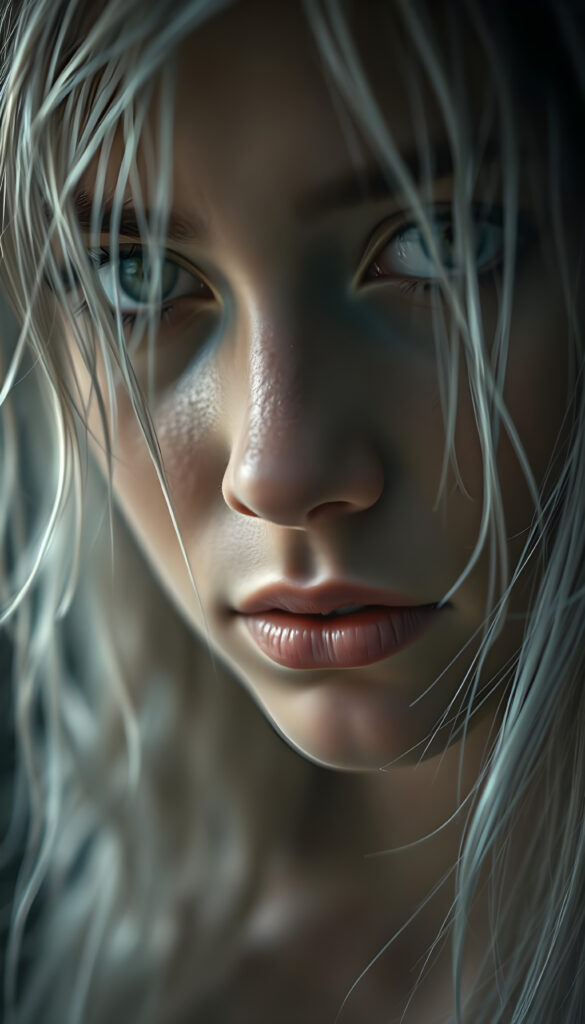 A stunning portrait of a beautiful girl with wet, tousled white hair, rendered in a harmonious blend of watercolor and digital art techniques. Her face is framed by a dark, misty background that accentuates her luminous features. The scene is bathed in soft, diffused lighting that highlights the intricate details of her expression and the texture of her hair. The composition is rich in depth and volume, with subtle fractal patterns subtly enhancing the realism. The color palette is dominated by dusty tones and muted shades, creating a cinematic, dreamlike atmosphere. This close-up captures the delicate beauty and ethereal quality of her visage, with every strand of hair and crease meticulously detailed, evoking a sense of depth and emotion.