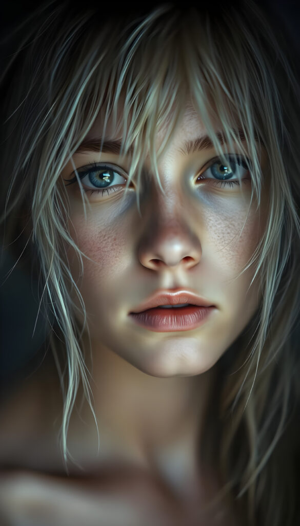 A stunning portrait of a beautiful girl with wet, tousled white hair, rendered in a harmonious blend of watercolor and digital art techniques. Her face is framed by a dark, misty background that accentuates her luminous features. The scene is bathed in soft, diffused lighting that highlights the intricate details of her expression and the texture of her hair. The composition is rich in depth and volume, with subtle fractal patterns subtly enhancing the realism. The color palette is dominated by dusty tones and muted shades, creating a cinematic, dreamlike atmosphere. This close-up captures the delicate beauty and ethereal quality of her visage, with every strand of hair and crease meticulously detailed, evoking a sense of depth and emotion.
