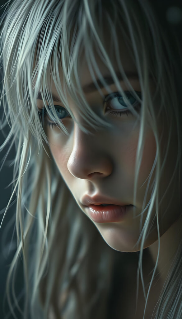 A stunning portrait of a beautiful girl with wet, tousled white hair, rendered in a harmonious blend of watercolor and digital art techniques. Her face is framed by a dark, misty background that accentuates her luminous features. The scene is bathed in soft, diffused lighting that highlights the intricate details of her expression and the texture of her hair. The composition is rich in depth and volume, with subtle fractal patterns subtly enhancing the realism. The color palette is dominated by dusty tones and muted shades, creating a cinematic, dreamlike atmosphere. This close-up captures the delicate beauty and ethereal quality of her visage, with every strand of hair and crease meticulously detailed, evoking a sense of depth and emotion.
