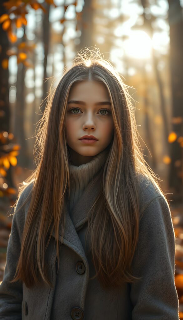 A stunning, radiant young girl with warm brown eyes and straight, soft blonde and brown hair cascading to her shoulders, full lips, and wearing a cozy grey winter coat stands in a breathtaking autumnal forest. The scene is set in the golden hour, with sunlight filtering through the trees, casting a warm, ethereal glow. The forest is alive with vibrant oranges, yellows, and reds, with leaves gently falling around her. The air is crisp, and a soft breeze rustles the leaves, creating a serene and magical atmosphere.