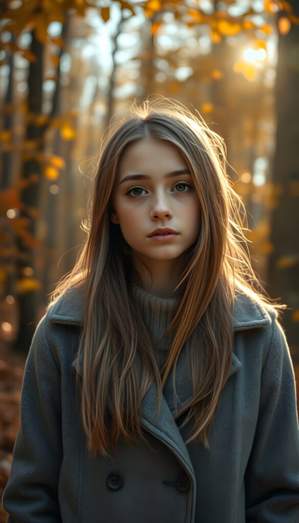 A stunning, radiant young girl with warm brown eyes and straight, soft blonde and brown hair cascading to her shoulders, full lips, and wearing a cozy grey winter coat stands in a breathtaking autumnal forest. The scene is set in the golden hour, with sunlight filtering through the trees, casting a warm, ethereal glow. The forest is alive with vibrant oranges, yellows, and reds, with leaves gently falling around her. The air is crisp, and a soft breeze rustles the leaves, creating a serene and magical atmosphere.