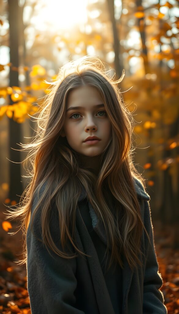 A stunning, radiant young girl with warm brown eyes and flowing, soft blonde and brown hair cascading to her shoulders, full lips, and wearing a cozy grey winter coat stands in a breathtaking autumnal forest. The scene is set in the golden hour, with sunlight filtering through the trees, casting a warm, ethereal glow. The forest is alive with vibrant oranges, yellows, and reds, with leaves gently falling around her. The air is crisp, and a soft breeze rustles the leaves, creating a serene and magical atmosphere.