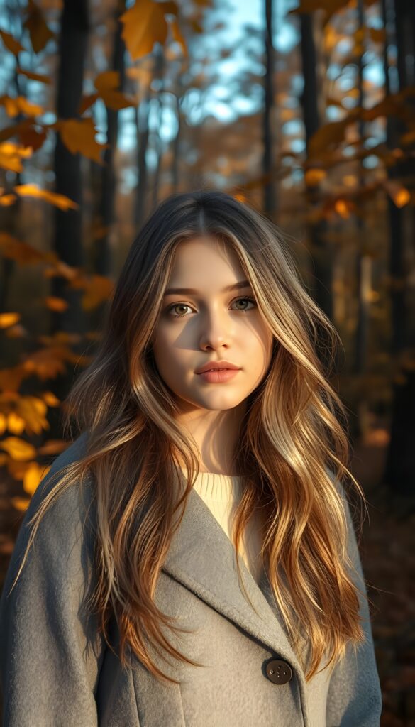 A stunning, radiant young girl with warm brown eyes and flowing, soft blonde and brown hair cascading to her shoulders, full lips, and wearing a cozy grey winter coat stands in a breathtaking autumnal forest. The scene is set in the golden hour, with sunlight filtering through the trees, casting a warm, ethereal glow. The forest is alive with vibrant oranges, yellows, and reds, with leaves gently falling around her. The air is crisp, and a soft breeze rustles the leaves, creating a serene and magical atmosphere.