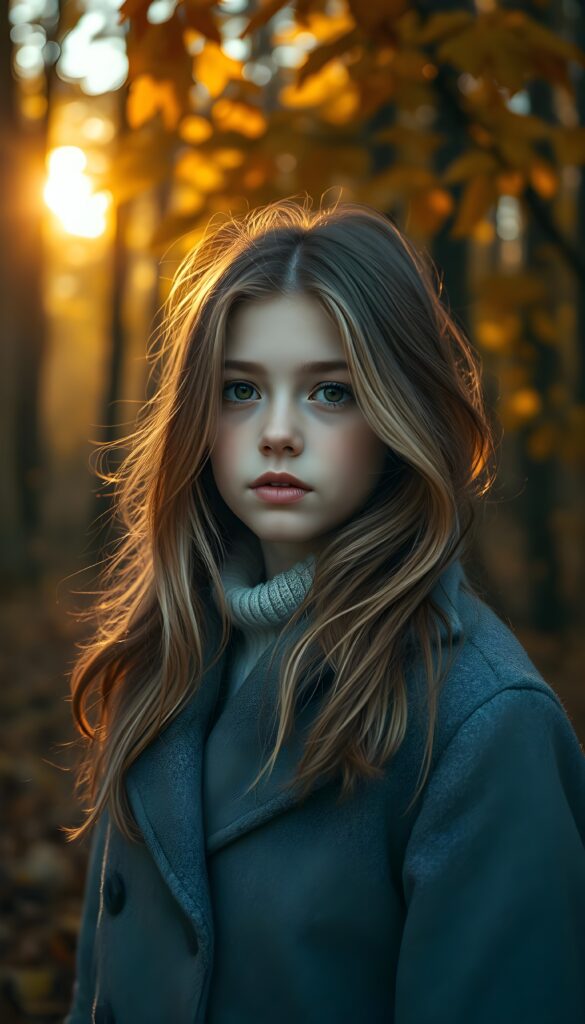 A stunning, radiant young girl with warm brown eyes and flowing, soft blonde and brown hair cascading to her shoulders, full lips, and wearing a cozy grey winter coat stands in a breathtaking autumnal forest. The scene is set in the golden hour, with sunlight filtering through the trees, casting a warm, ethereal glow. The forest is alive with vibrant oranges, yellows, and reds, with leaves gently falling around her. The air is crisp, and a soft breeze rustles the leaves, creating a serene and magical atmosphere.
