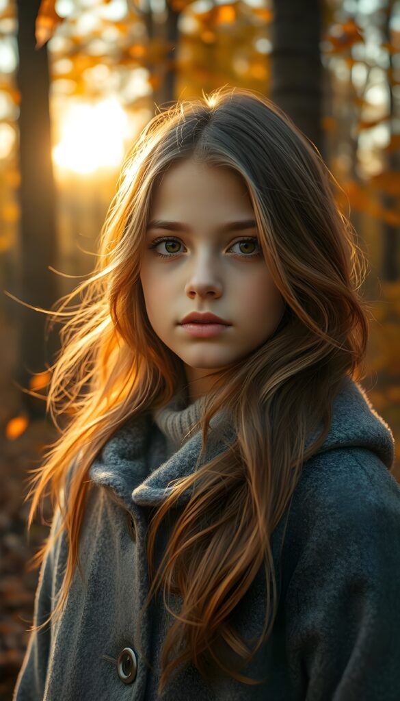 A stunning, radiant young girl with warm brown eyes and flowing, soft blonde and brown hair cascading to her shoulders, full lips, and wearing a cozy grey winter coat stands in a breathtaking autumnal forest. The scene is set in the golden hour, with sunlight filtering through the trees, casting a warm, ethereal glow. The forest is alive with vibrant oranges, yellows, and reds, with leaves gently falling around her. The air is crisp, and a soft breeze rustles the leaves, creating a serene and magical atmosphere.