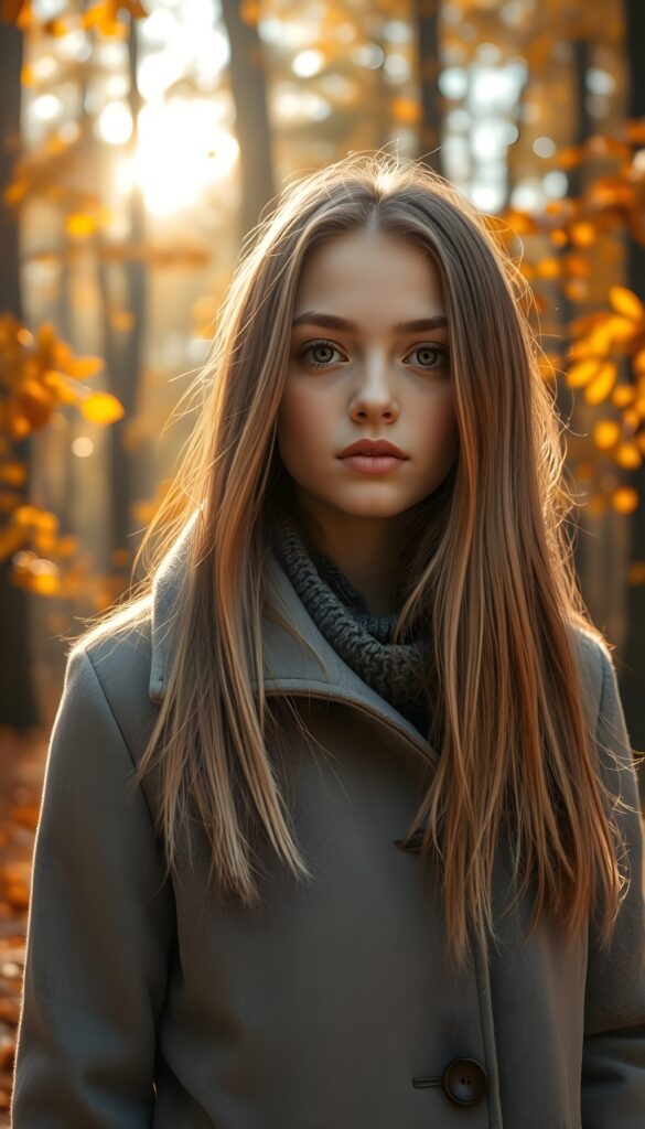 A stunning, radiant young girl with warm brown eyes and straight, soft blonde and brown hair cascading to her shoulders, full lips, and wearing a cozy grey winter coat stands in a breathtaking autumnal forest. The scene is set in the golden hour, with sunlight filtering through the trees, casting a warm, ethereal glow. The forest is alive with vibrant oranges, yellows, and reds, with leaves gently falling around her. The air is crisp, and a soft breeze rustles the leaves, creating a serene and magical atmosphere.