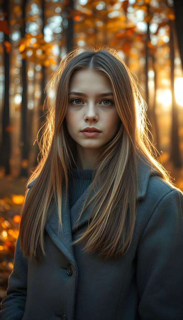 A stunning, radiant young girl with warm brown eyes and straight, soft blonde and brown hair cascading to her shoulders, full lips, and wearing a cozy grey winter coat stands in a breathtaking autumnal forest. The scene is set in the golden hour, with sunlight filtering through the trees, casting a warm, ethereal glow. The forest is alive with vibrant oranges, yellows, and reds, with leaves gently falling around her. The air is crisp, and a soft breeze rustles the leaves, creating a serene and magical atmosphere.