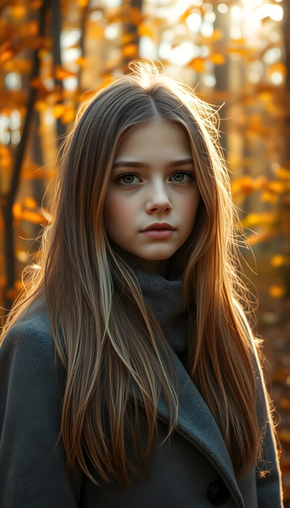 A stunning, radiant young girl with warm brown eyes and straight, soft blonde and brown hair cascading to her shoulders, full lips, and wearing a cozy grey winter coat stands in a breathtaking autumnal forest. The scene is set in the golden hour, with sunlight filtering through the trees, casting a warm, ethereal glow. The forest is alive with vibrant oranges, yellows, and reds, with leaves gently falling around her. The air is crisp, and a soft breeze rustles the leaves, creating a serene and magical atmosphere.