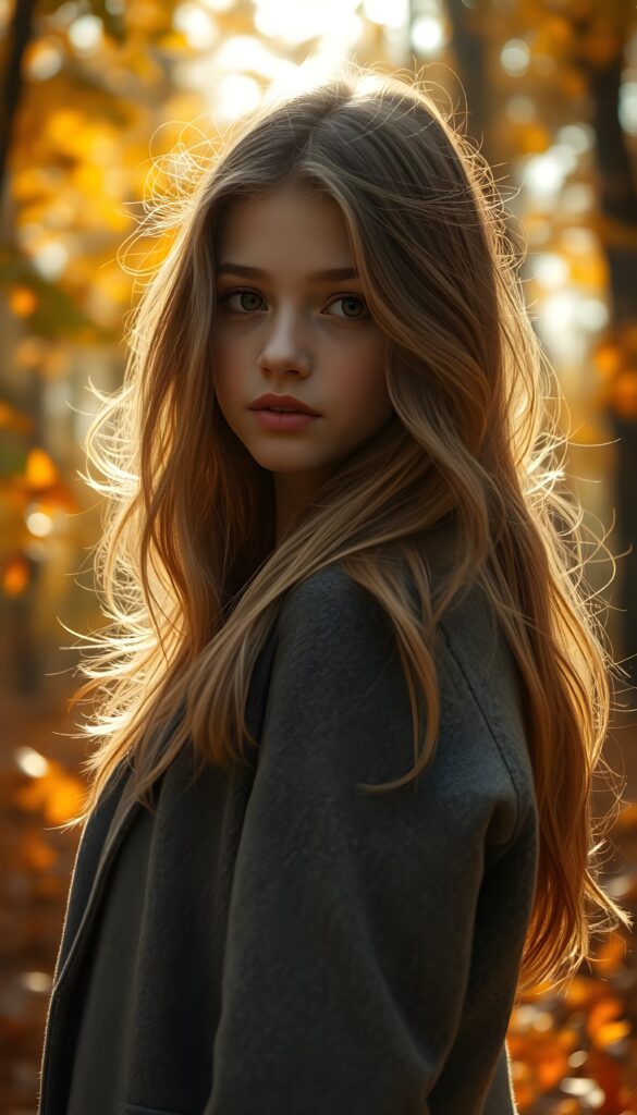 A stunning, radiant young girl with warm brown eyes and flowing, soft blonde and brown hair cascading to her shoulders, full lips, and wearing a cozy grey winter coat stands in a breathtaking autumnal forest. The scene is set in the golden hour, with sunlight filtering through the trees, casting a warm, ethereal glow. The forest is alive with vibrant oranges, yellows, and reds, with leaves gently falling around her. The air is crisp, and a soft breeze rustles the leaves, creating a serene and magical atmosphere.