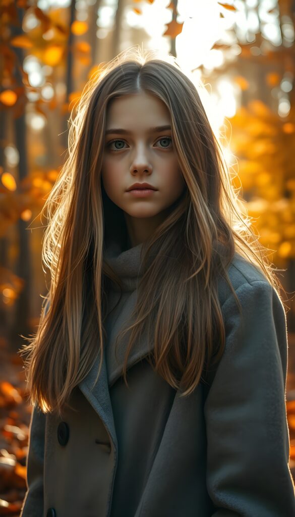 A stunning, radiant young girl with warm brown eyes and straight, soft blonde and brown hair cascading to her shoulders, full lips, and wearing a cozy grey winter coat stands in a breathtaking autumnal forest. The scene is set in the golden hour, with sunlight filtering through the trees, casting a warm, ethereal glow. The forest is alive with vibrant oranges, yellows, and reds, with leaves gently falling around her. The air is crisp, and a soft breeze rustles the leaves, creating a serene and magical atmosphere.