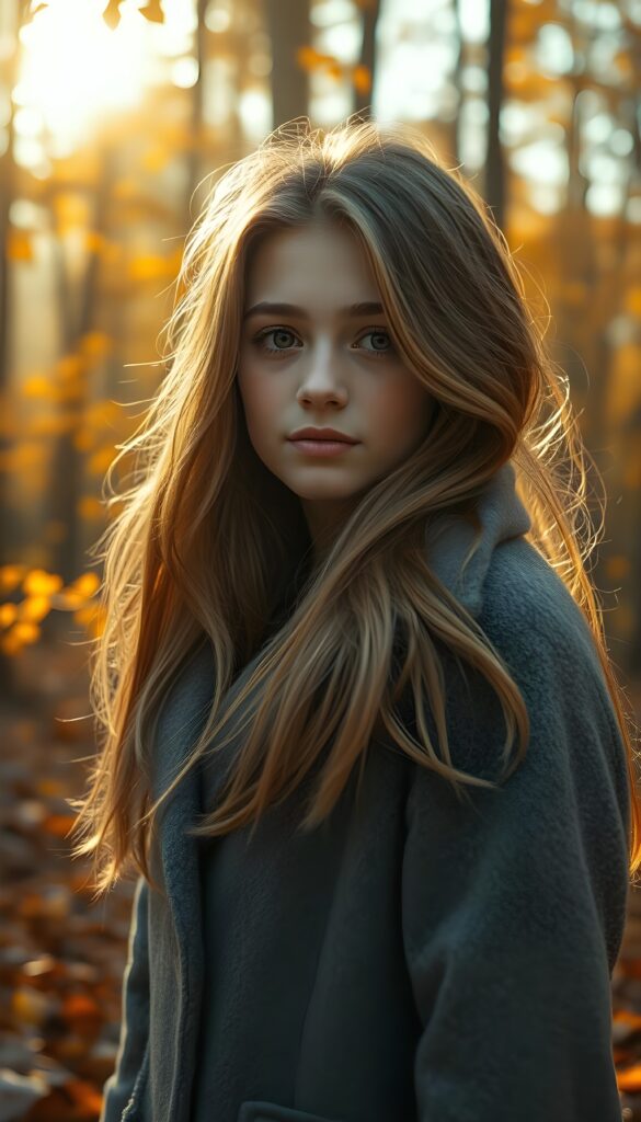 A stunning, radiant young girl with warm brown eyes and flowing, soft blonde and brown hair cascading to her shoulders, full lips, and wearing a cozy grey winter coat stands in a breathtaking autumnal forest. The scene is set in the golden hour, with sunlight filtering through the trees, casting a warm, ethereal glow. The forest is alive with vibrant oranges, yellows, and reds, with leaves gently falling around her. The air is crisp, and a soft breeze rustles the leaves, creating a serene and magical atmosphere.