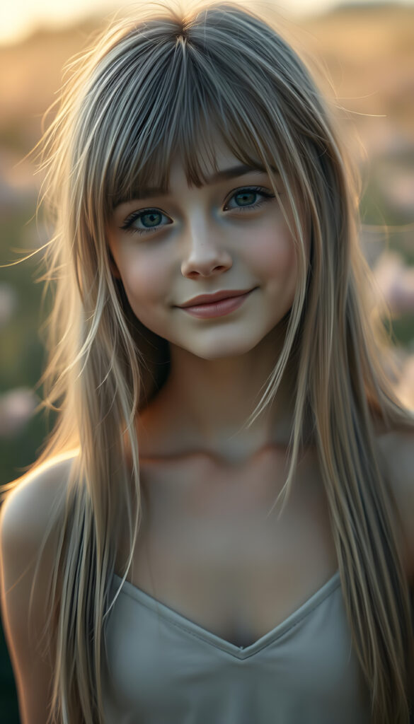 A stunning, silver-skinned girl with long, straight hair in the same length and a round face gazes at the viewer with a gentle smile. She wears a thin, cropped tank top with a deep V-neck, revealing a hint of her collarbone. The lighting is soft and warm, casting a gentle glow on her features. The background is a blurred, pastel-colored garden, enhancing the dreamy, ethereal atmosphere. Her hair is slightly tousled, adding a touch of natural charm. The overall composition is delicate and romantic, with a focus on her serene expression and the play of light on her skin.