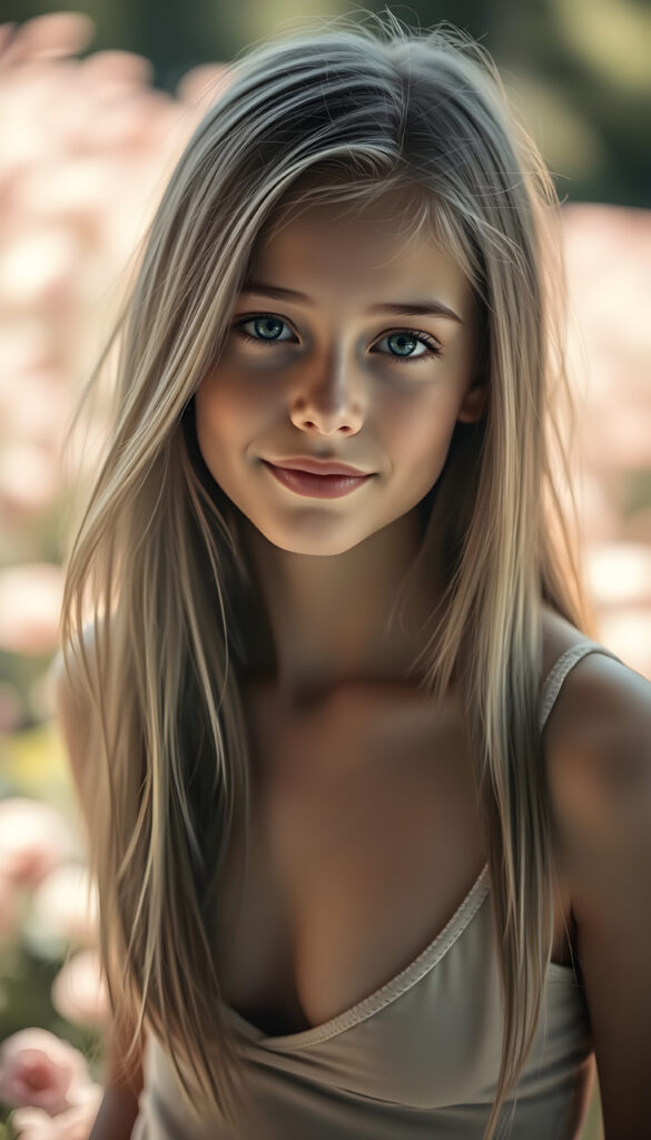 A stunning, silver-skinned girl with long, straight hair in the same length and a round face gazes at the viewer with a gentle smile. She wears a thin, cropped tank top with a deep V-neck, revealing a hint of her collarbone. The lighting is soft and warm, casting a gentle glow on her features. The background is a blurred, pastel-colored garden, enhancing the dreamy, ethereal atmosphere. Her hair is slightly tousled, adding a touch of natural charm. The overall composition is delicate and romantic, with a focus on her serene expression and the play of light on her skin.