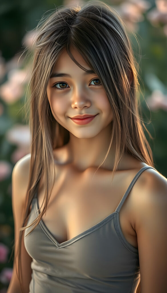 A stunning, silver-skinned girl with long, straight hair in the same length and a round face gazes at the viewer with a gentle smile. She wears a thin, cropped tank top with a deep V-neck, revealing a hint of her collarbone. The lighting is soft and warm, casting a gentle glow on her features. The background is a blurred, pastel-colored garden, enhancing the dreamy, ethereal atmosphere. Her hair is slightly tousled, adding a touch of natural charm. The overall composition is delicate and romantic, with a focus on her serene expression and the play of light on her skin.
