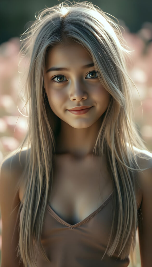 A stunning, silver-skinned girl with long, straight hair in the same length and a round face gazes at the viewer with a gentle smile. She wears a thin, cropped tank top with a deep V-neck, revealing a hint of her collarbone. The lighting is soft and warm, casting a gentle glow on her features. The background is a blurred, pastel-colored garden, enhancing the dreamy, ethereal atmosphere. Her hair is slightly tousled, adding a touch of natural charm. The overall composition is delicate and romantic, with a focus on her serene expression and the play of light on her skin.