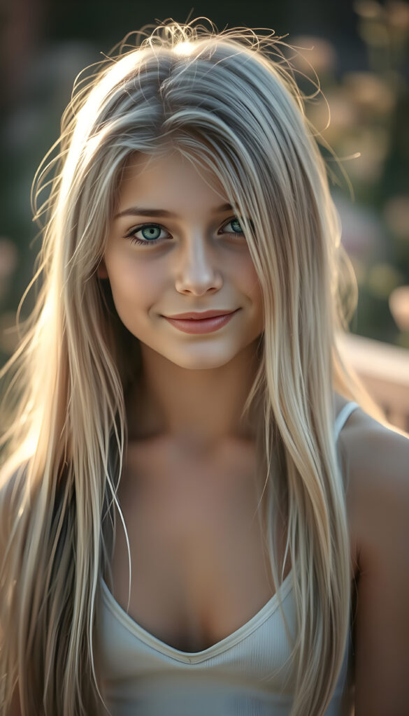 A stunning, silver-skinned girl with long, straight hair in the same length and a round face gazes at the viewer with a gentle smile. She wears a thin, cropped tank top with a deep V-neck, revealing a hint of her collarbone. The lighting is soft and warm, casting a gentle glow on her features. The background is a blurred, pastel-colored garden, enhancing the dreamy, ethereal atmosphere. Her hair is slightly tousled, adding a touch of natural charm. The overall composition is delicate and romantic, with a focus on her serene expression and the play of light on her skin.