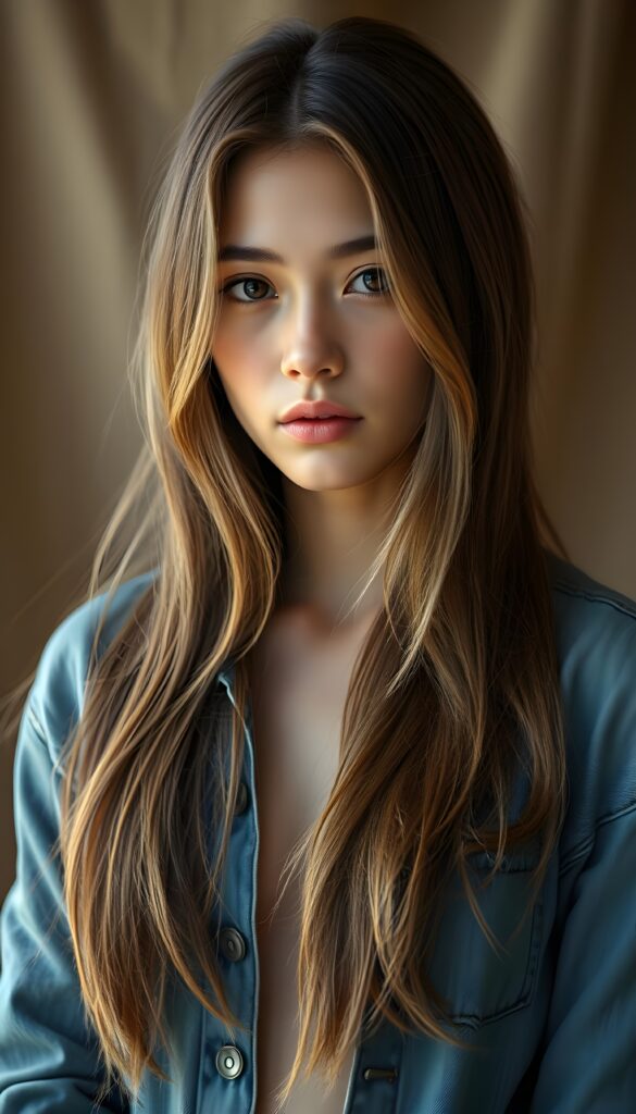 A stunning upper body shot featuring a beautiful young girl with long, straight brown soft full open hair and blond highlights falls down like a waterfall to her body, luscious dark eyes. Her skin has a warm, natural glow, with perfectly defined facial features and a subtle, sun-kissed complexion. She wears a blue open tattered jeans jacket. The model poses confidently that exudes elegance and poise. Set against a soft, natural background adorned with hints of subtle textures, the scene is bathed in warm, golden hues, highlighting the intricate details and bold color palette of the artwork.