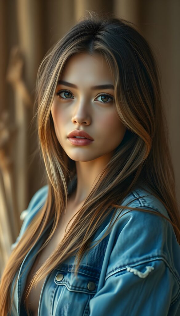 A stunning upper body shot featuring a beautiful young girl with long, straight brown soft full open hair and blond highlights falls down like a waterfall to her body, luscious dark eyes. Her skin has a warm, natural glow, with perfectly defined facial features and a subtle, sun-kissed complexion. She wears a blue open tattered jeans jacket. The model poses confidently that exudes elegance and poise. Set against a soft, natural background adorned with hints of subtle textures, the scene is bathed in warm, golden hues, highlighting the intricate details and bold color palette of the artwork.