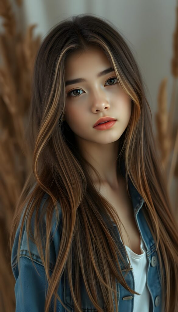 A stunning upper body shot featuring a beautiful young girl with long, straight brown soft full open hair and blond highlights falls down like a waterfall to her body, luscious dark eyes. Her skin has a warm, natural glow, with perfectly defined facial features and a subtle, sun-kissed complexion. She wears a blue open tattered jeans jacket. The model poses confidently that exudes elegance and poise. Set against a soft, natural background adorned with hints of subtle textures, the scene is bathed in warm, golden hues, highlighting the intricate details and bold color palette of the artwork.