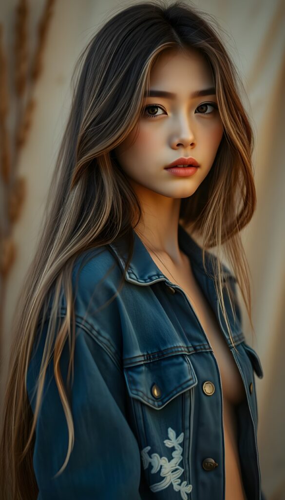 A stunning upper body shot featuring a beautiful young girl with long, straight brown soft full open hair and blond highlights falls down like a waterfall to her body, luscious dark eyes. Her skin has a warm, natural glow, with perfectly defined facial features and a subtle, sun-kissed complexion. She wears a blue open tattered jeans jacket. The model poses confidently that exudes elegance and poise. Set against a soft, natural background adorned with hints of subtle textures, the scene is bathed in warm, golden hues, highlighting the intricate details and bold color palette of the artwork.