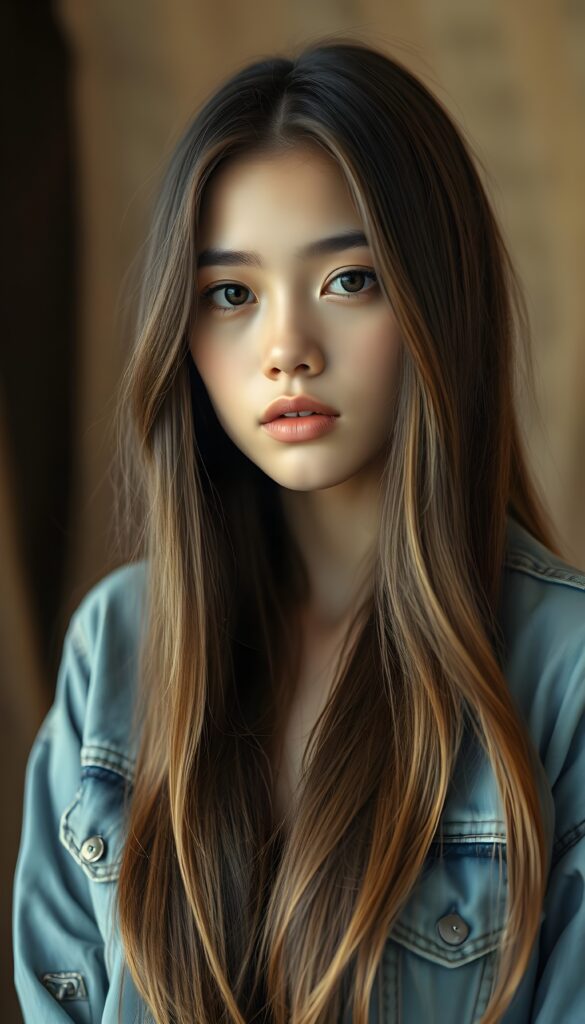 A stunning upper body shot featuring a beautiful young girl with long, straight brown soft full open hair and blond highlights falls down like a waterfall to her body, luscious dark eyes. Her skin has a warm, natural glow, with perfectly defined facial features and a subtle, sun-kissed complexion. She wears a blue open tattered jeans jacket. The model poses confidently that exudes elegance and poise. Set against a soft, natural background adorned with hints of subtle textures, the scene is bathed in warm, golden hues, highlighting the intricate details and bold color palette of the artwork.