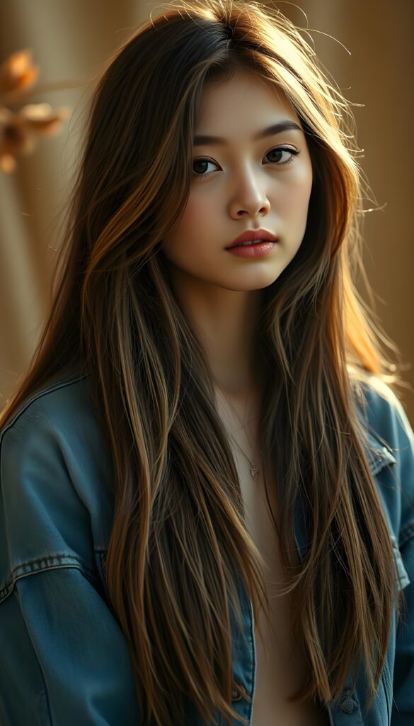 A stunning upper body shot featuring a beautiful young girl with long, straight brown soft full open hair and blond highlights falls down like a waterfall to her body, luscious dark eyes. Her skin has a warm, natural glow, with perfectly defined facial features and a subtle, sun-kissed complexion. She wears a blue open tattered jeans jacket. The model poses confidently that exudes elegance and poise. Set against a soft, natural background adorned with hints of subtle textures, the scene is bathed in warm, golden hues, highlighting the intricate details and bold color palette of the artwork.