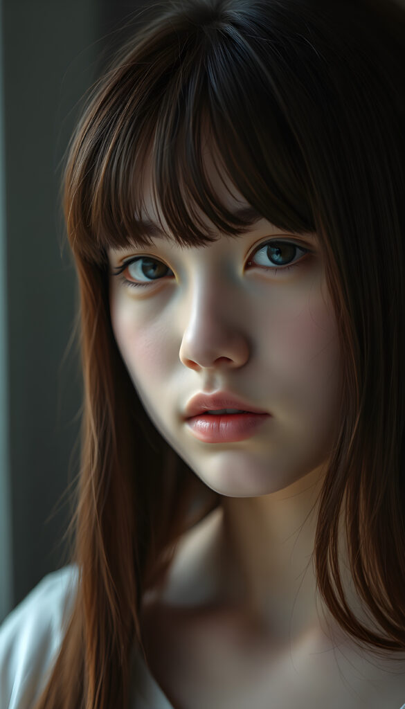 A stunning, youthful girl with impeccably styled bangs and luxurious, soft straight long hair in vibrant maroon. Her face is round, full of life, with expressive full lips and subtly detailed features. Captured in an ultra-high resolution photograph with exceptional color saturation and a soft, out-of-focus background that draws attention to her flawless form. The image is a masterpiece of digital artistry, with every detail meticulously portrayed, from the texture of her hair to the subtle wrinkles on her skin, inviting viewers to appreciate its sublime beauty.