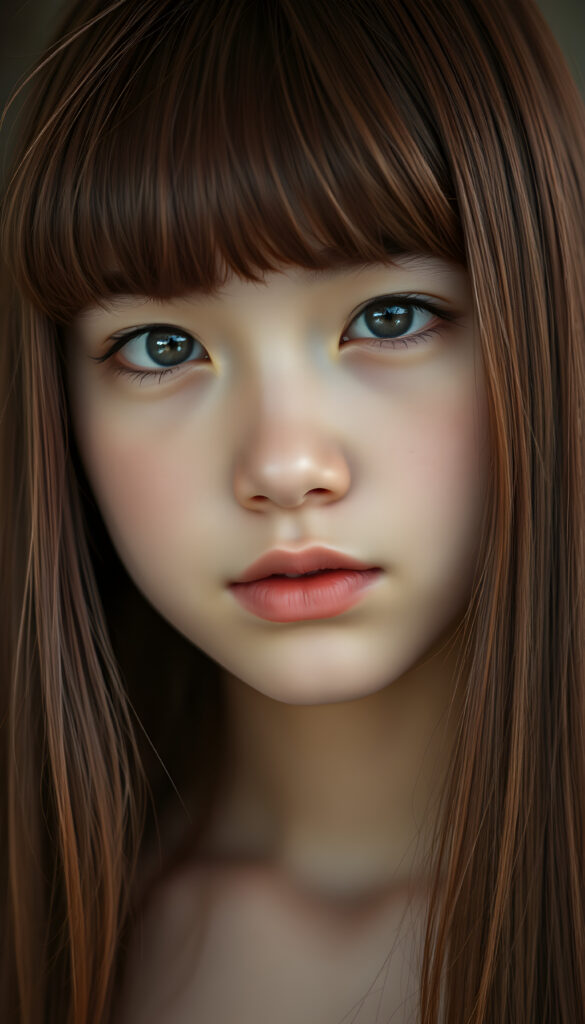 A stunning, youthful girl with impeccably styled bangs and luxurious, soft straight long hair in vibrant maroon. Her face is round, full of life, with expressive full lips and subtly detailed features. Captured in an ultra-high resolution photograph with exceptional color saturation and a soft, out-of-focus background that draws attention to her flawless form. The image is a masterpiece of digital artistry, with every detail meticulously portrayed, from the texture of her hair to the subtle wrinkles on her skin, inviting viewers to appreciate its sublime beauty.