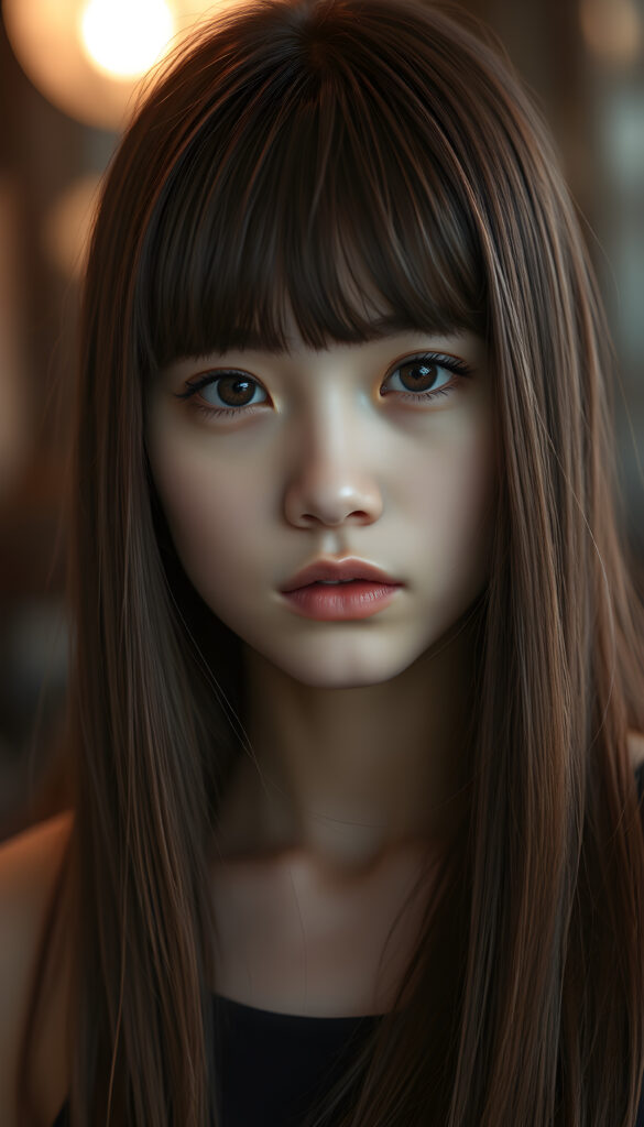 A stunning, youthful girl with impeccably styled bangs and luxurious, soft straight long hair in vibrant maroon. Her face is round, full of life, with expressive full lips and subtly detailed features. Captured in an ultra-high resolution photograph with exceptional color saturation and a soft, out-of-focus background that draws attention to her flawless form. The image is a masterpiece of digital artistry, with every detail meticulously portrayed, from the texture of her hair to the subtle wrinkles on her skin, inviting viewers to appreciate its sublime beauty.