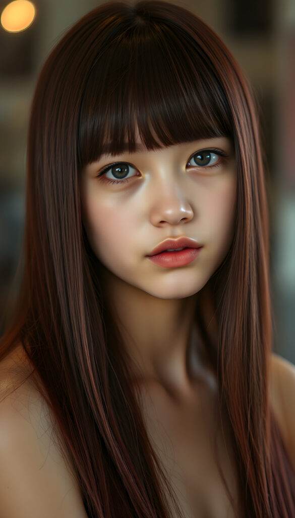 A stunning, youthful girl with impeccably styled bangs and luxurious, soft straight long hair in vibrant maroon. Her face is round, full of life, with expressive full lips and subtly detailed features. Captured in an ultra-high resolution photograph with exceptional color saturation and a soft, out-of-focus background that draws attention to her flawless form. The image is a masterpiece of digital artistry, with every detail meticulously portrayed, from the texture of her hair to the subtle wrinkles on her skin, inviting viewers to appreciate its sublime beauty.