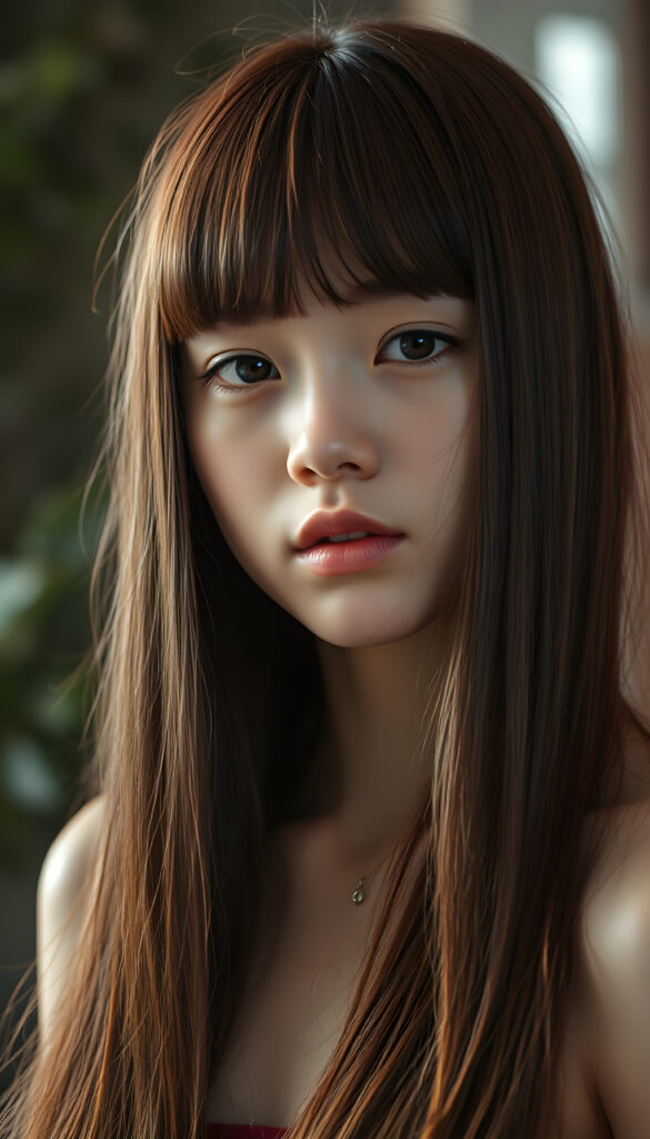 A stunning, youthful girl with impeccably styled bangs and luxurious, soft straight long hair in vibrant maroon. Her face is round, full of life, with expressive full lips and subtly detailed features. Captured in an ultra-high resolution photograph with exceptional color saturation and a soft, out-of-focus background that draws attention to her flawless form. The image is a masterpiece of digital artistry, with every detail meticulously portrayed, from the texture of her hair to the subtle wrinkles on her skin, inviting viewers to appreciate its sublime beauty.