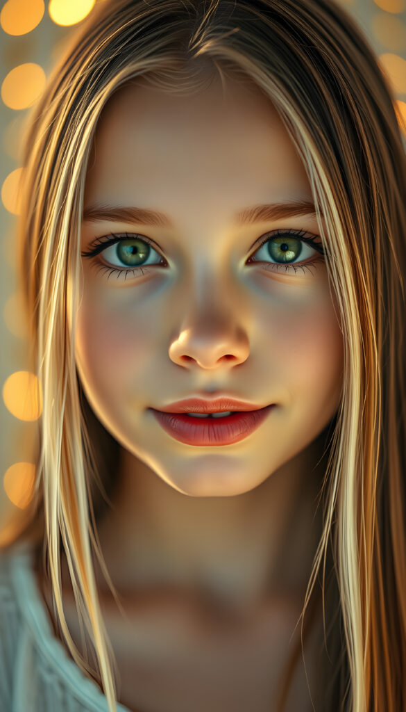 A stunning young girl with flawless silver skin and emerald green eyes that shimmer with light, framed by soft, straight hazelnut brown hair with white highlights. Her full red lips are slightly parted, revealing a charming smile, and her symmetrical nose and mouth are sharply focused. The lighting is warm and golden, casting a magical glow on her face, while the background is a dreamy blend of pastel hues and soft bokeh lights, enhancing her ethereal beauty. She gazes directly at the viewer, exuding a serene and captivating presence.