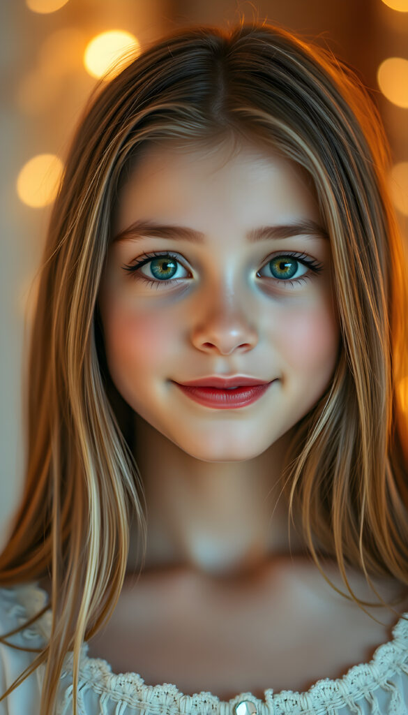 A stunning young girl with flawless silver skin and emerald green eyes that shimmer with light, framed by soft, straight hazelnut brown hair with white highlights. Her full red lips are slightly parted, revealing a charming smile, and her symmetrical nose and mouth are sharply focused. The lighting is warm and golden, casting a magical glow on her face, while the background is a dreamy blend of pastel hues and soft bokeh lights, enhancing her ethereal beauty. She gazes directly at the viewer, exuding a serene and captivating presence.