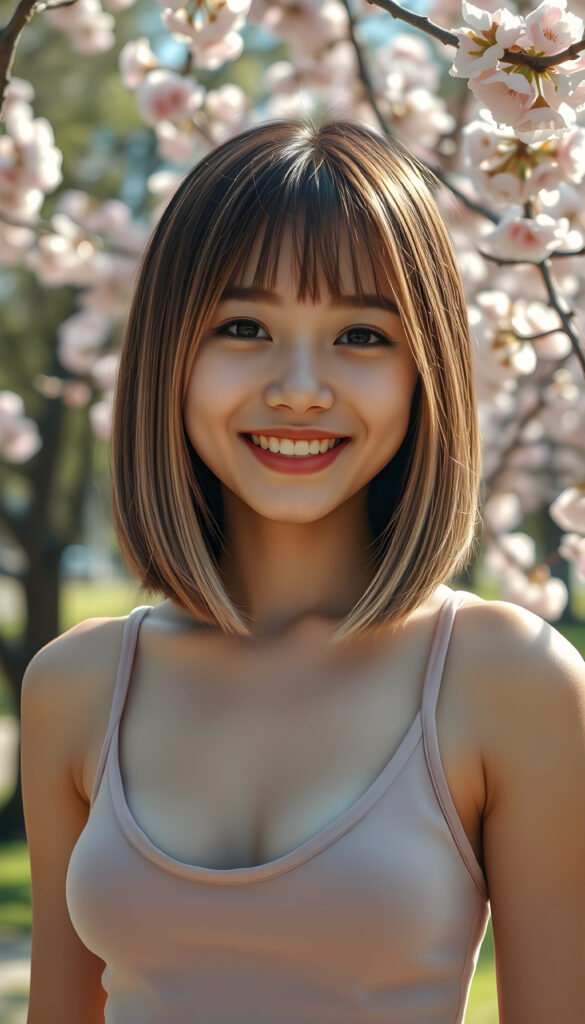 A stunning young Asian girl with perfectly straight, hazelnut brown hair and blond highlights in a perfect bob cut, charming bangs, wearing a stylish, low-cut, form-fitting tank top, stands confidently in a vibrant, sunlit park. Her radiant smile and sparkling, detailed hazelnut eyes convey pure joy, while her angelic, round face is accentuated by soft, cinematic lighting that highlights her flawless complexion. The scene is lively with blooming cherry blossoms framing the background, creating a harmonious blend of natural beauty and youthful energy, capturing the essence of a perfect spring day.