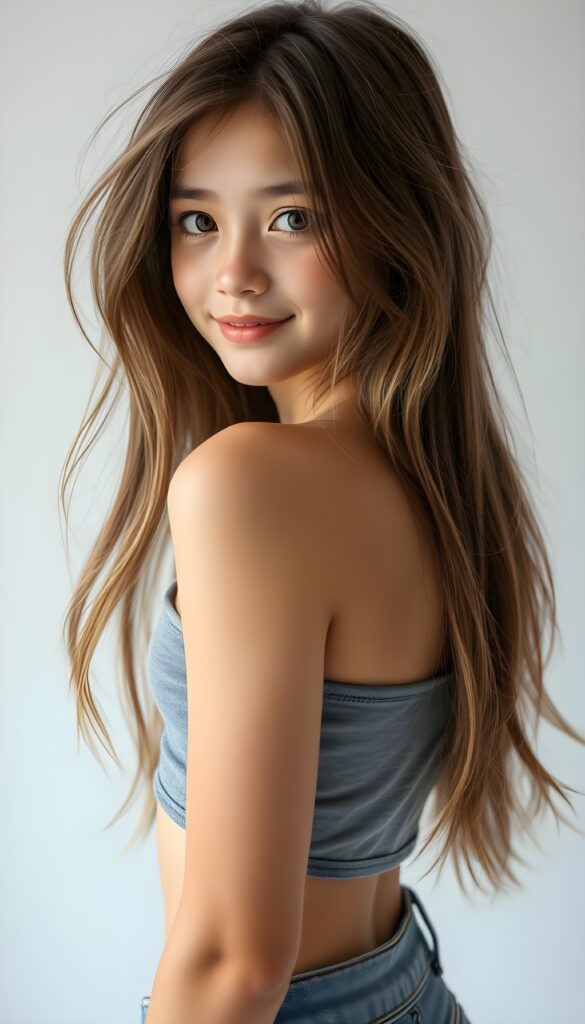 A stunning young girl with long, messy, straight hazelnut hair in the same length right and left and bangs, wearing a grey cropped tank top and super-short jeans, stands in a side perspective against a white background, cute belly button. Her face is angelic with detailed brown eyes and a radiant smile, looking directly at the camera. The lighting is cinematic, with a soft glow enhancing her features, creating a warm and inviting atmosphere. The composition emphasizes her graceful posture and the intricate details of her hair, making it a visually captivating and harmonious scene.