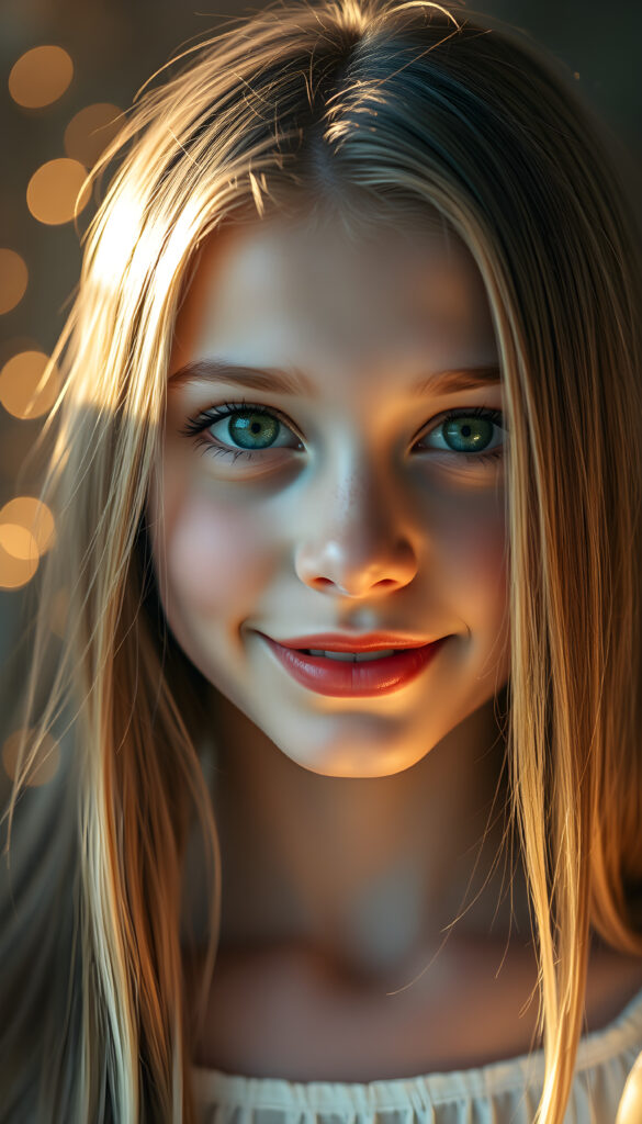 A stunning young girl with flawless silver skin and emerald green eyes that shimmer with light, framed by soft, straight hazelnut brown hair with white highlights. Her full red lips are slightly parted, revealing a charming smile, and her symmetrical nose and mouth are sharply focused. The lighting is warm and golden, casting a magical glow on her face, while the background is a dreamy blend of pastel hues and soft bokeh lights, enhancing her ethereal beauty. She gazes directly at the viewer, exuding a serene and captivating presence.