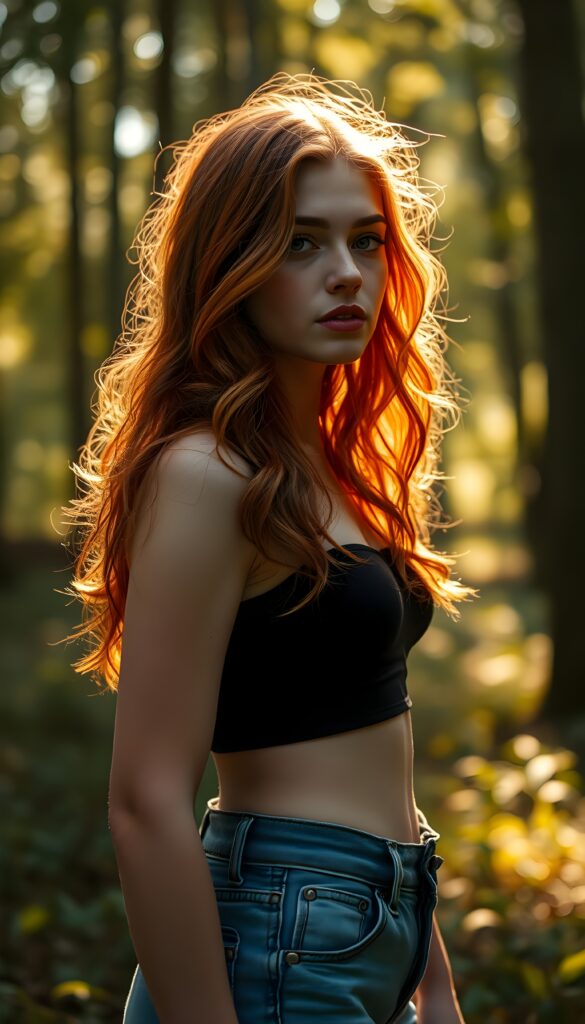 A stunning young teen girl with vibrant copper-red hair cascading down her back, styled in soft waves, stands in a sunlit forest clearing. Her luminous skin glows under the golden rays filtering through the leaves. She wears a sleek black crop top and denim shorts. Her dark red lips contrast beautifully with her complexion, and she has a small, charming beauty mark on her cheek. The scene is bathed in a warm, ethereal light, casting a magical and dreamy atmosphere around her.